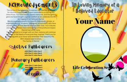 In Every Lesson” – Editable 8-Page Canva Obituary Template | Teacher & Educator Memorial Program