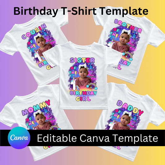 Unicorn Birthday Family Shirt Bundle – 9 Editable Canva Templates for Mommy, Daddy, Siblings & More