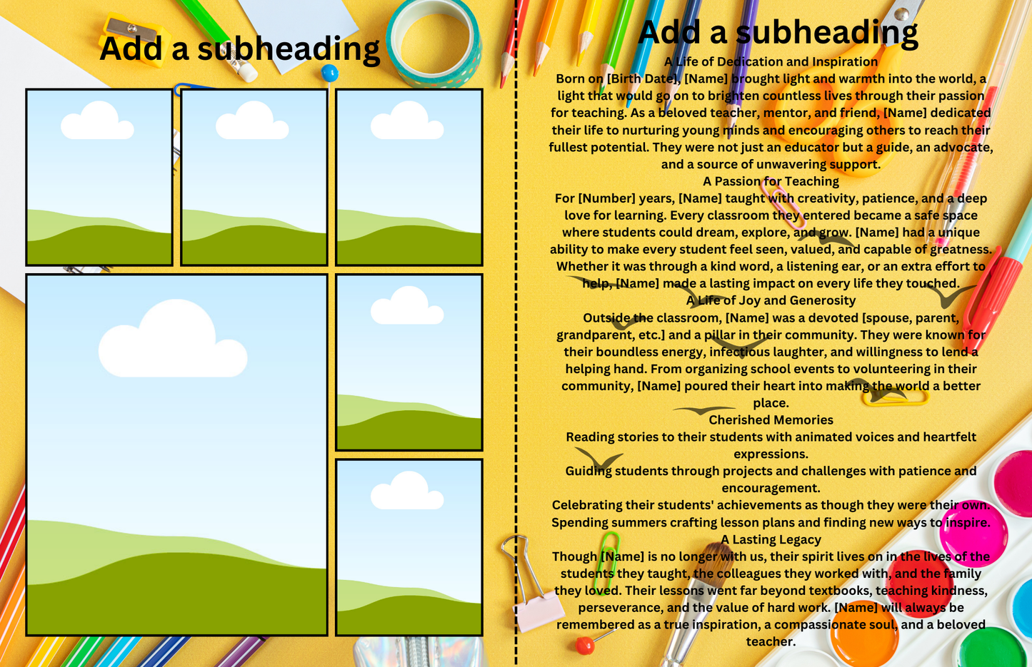 In Every Lesson” – Editable 8-Page Canva Obituary Template | Teacher & Educator Memorial Program