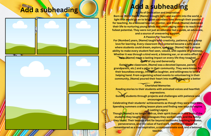 In Every Lesson” – Editable 8-Page Canva Obituary Template | Teacher & Educator Memorial Program