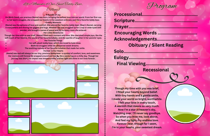 Pink Teddy Bear Baby Girl Obituary Template | 4-Page Editable Canva Memorial Program
