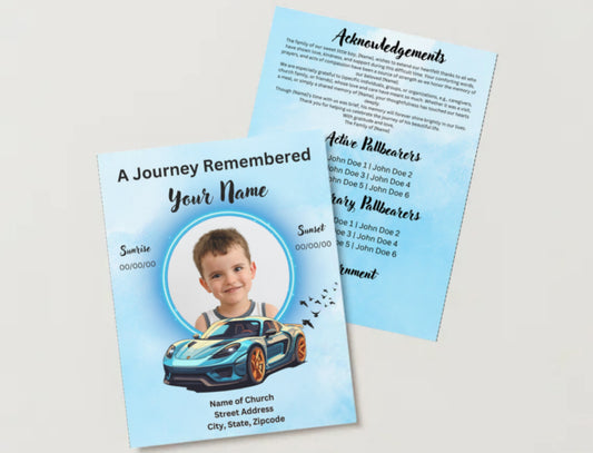 Race Car Themed Boy Obituary Template – Editable 4-Page Canva Funeral Program