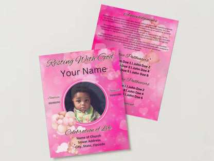 Pink Teddy Bear Baby Girl Obituary Template | 4-Page Editable Canva Memorial Program