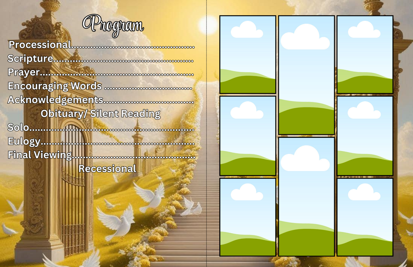 Golden Gates of Glory” – Editable 8-Page Canva Obituary Template | Gold & White Memorial Program