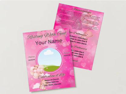 Pink Teddy Bear Baby Girl Obituary Template | 4-Page Editable Canva Memorial Program
