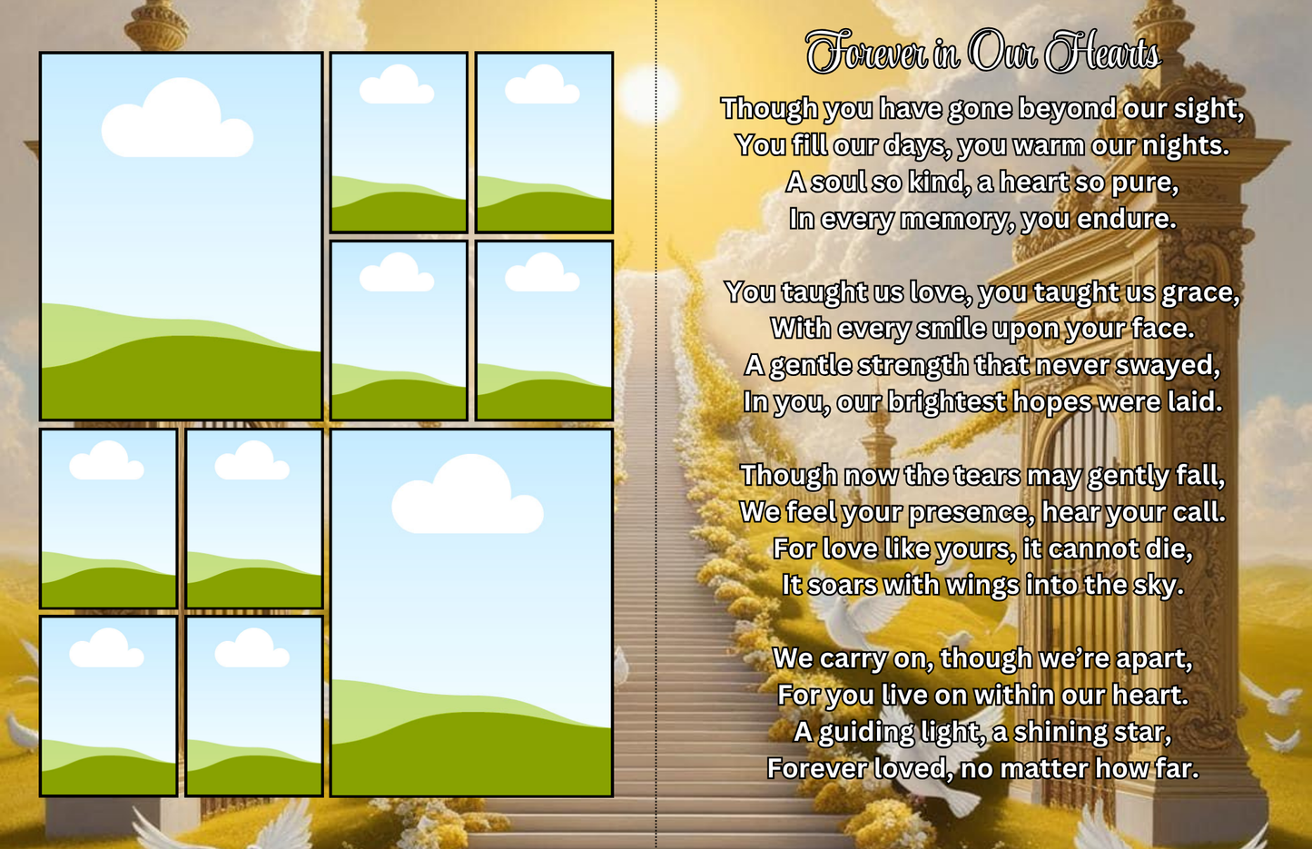 Golden Gates of Glory” – Editable 8-Page Canva Obituary Template | Gold & White Memorial Program