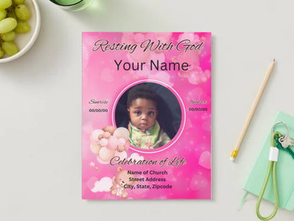 Pink Teddy Bear Baby Girl Obituary Template | 4-Page Editable Canva Memorial Program