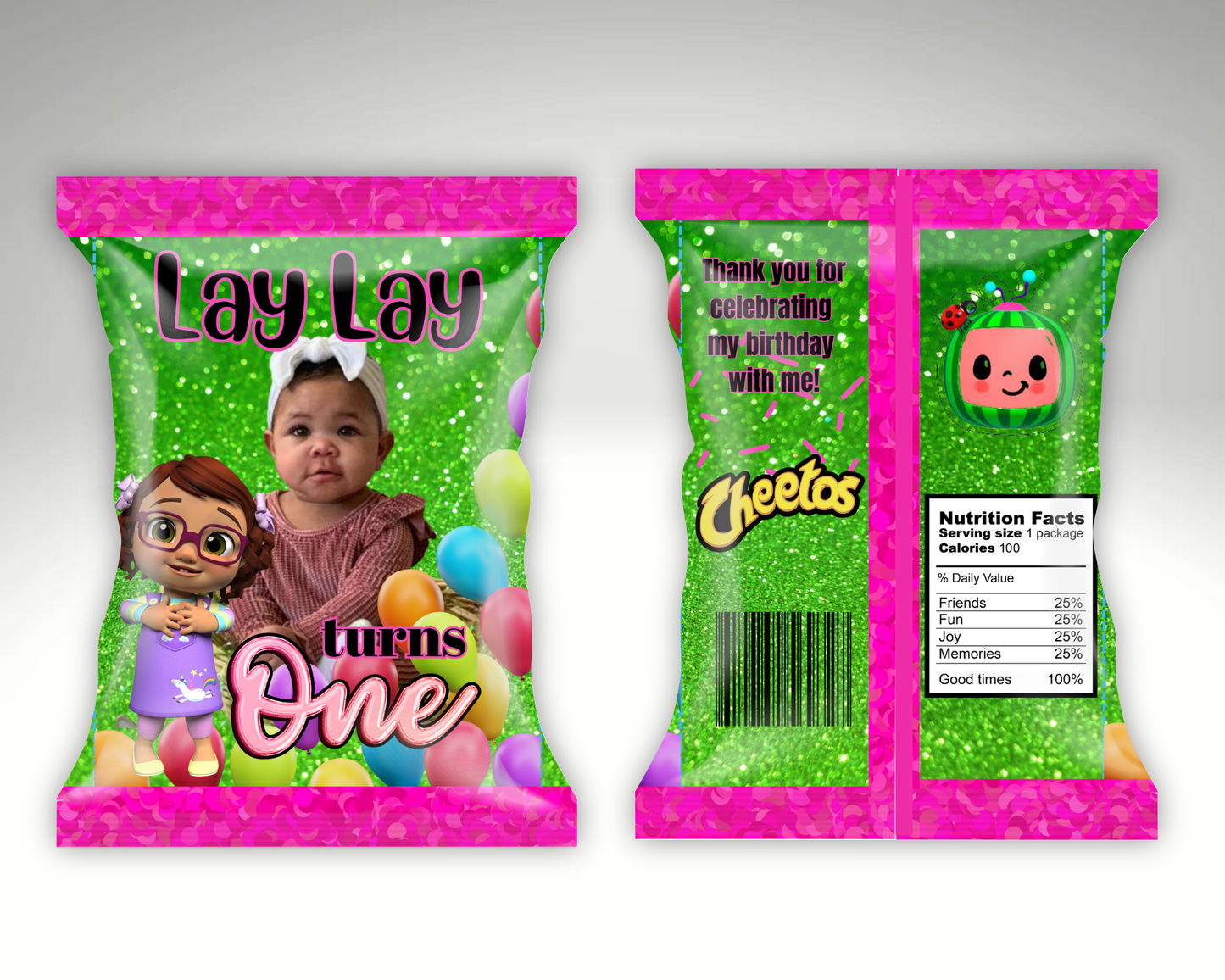 Editable “LayLay Turns One” Chip Bag Template – Green Glitter 1st Birthday Party Favor with Cute Cartoon Theme