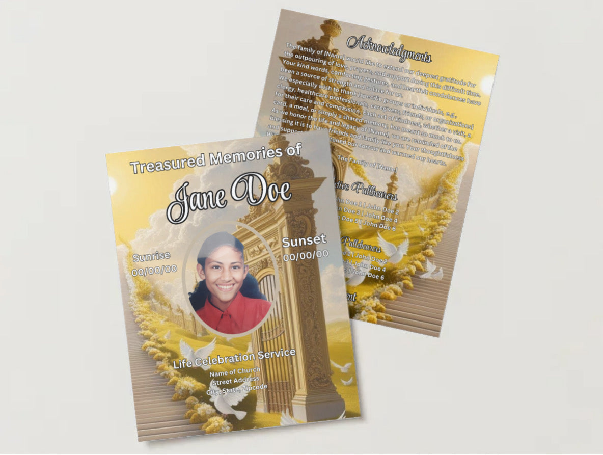 Golden Gates of Glory” – Editable 8-Page Canva Obituary Template | Gold & White Memorial Program