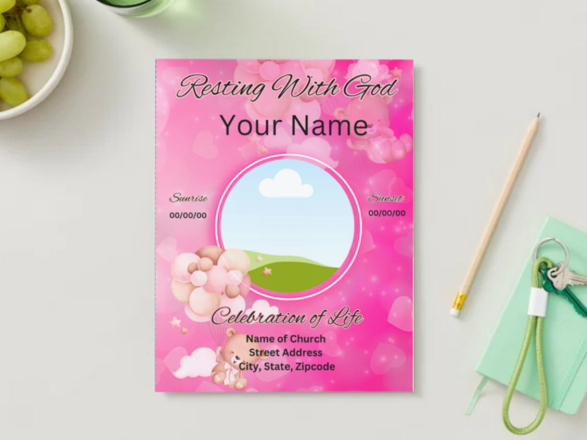 Pink Teddy Bear Baby Girl Obituary Template | 4-Page Editable Canva Memorial Program