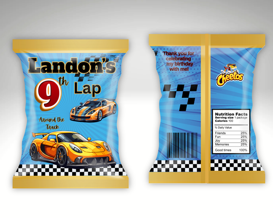 Editable “9th Lap Around the Track” Race Car Birthday Chip Bag Template – Speedway Theme Party Favor