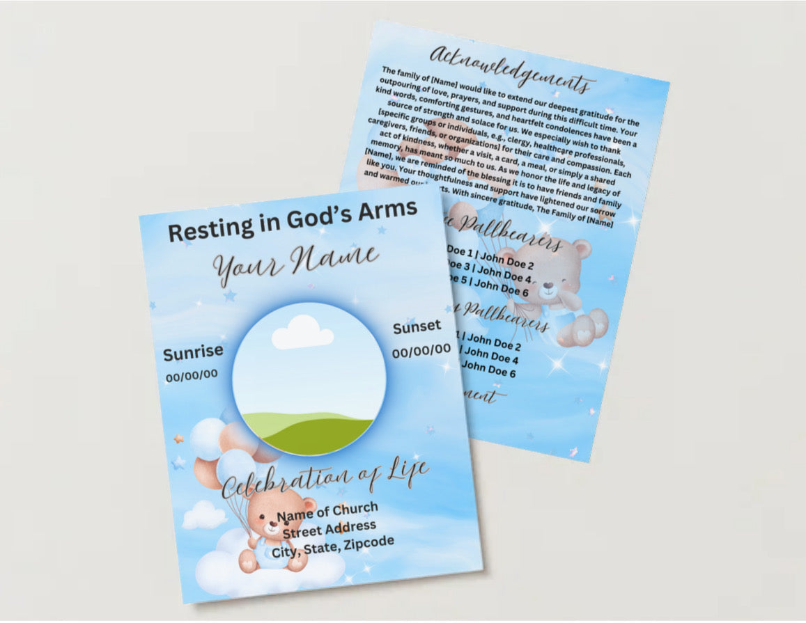 Teddy Bear in Heaven™ – Editable Baby Boy Obituary Template for Canva