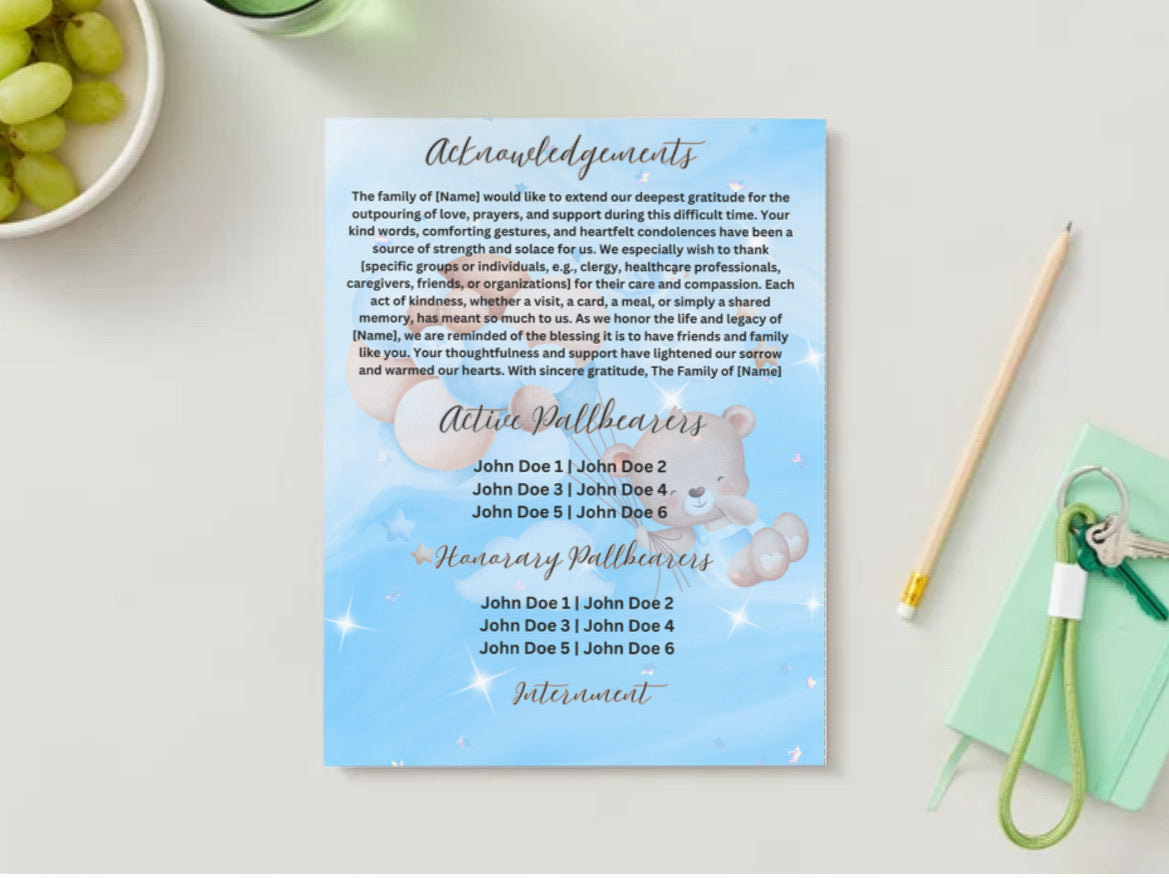 Teddy Bear in Heaven™ – Editable Baby Boy Obituary Template for Canva