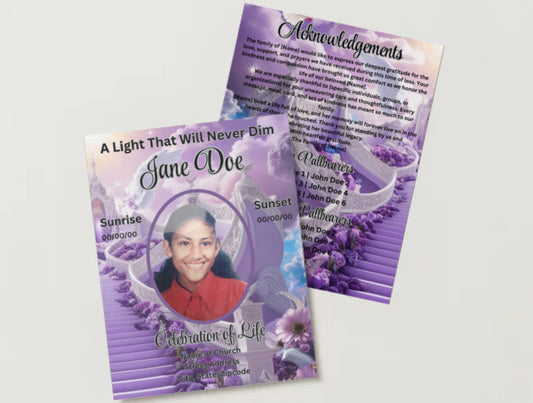A Light That Will Never Dim” – Editable Canva Obituary Template | 8-Page Celebration of Life Program