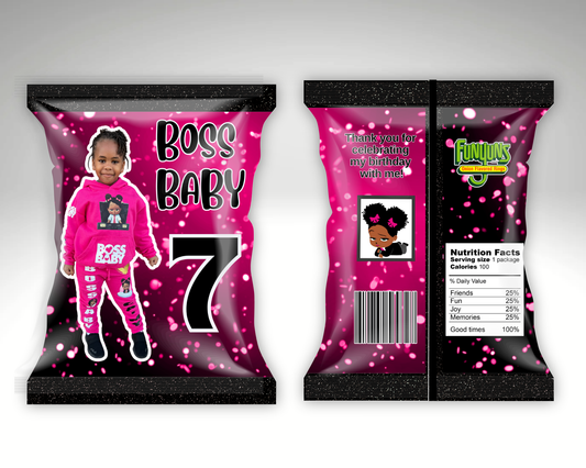 Editable “Boss Baby Turns 7” Chip Bag Template – Pink Sparkle Girl Birthday Favor