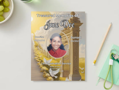 Golden Gates of Glory” – Editable 8-Page Canva Obituary Template | Gold & White Memorial Program