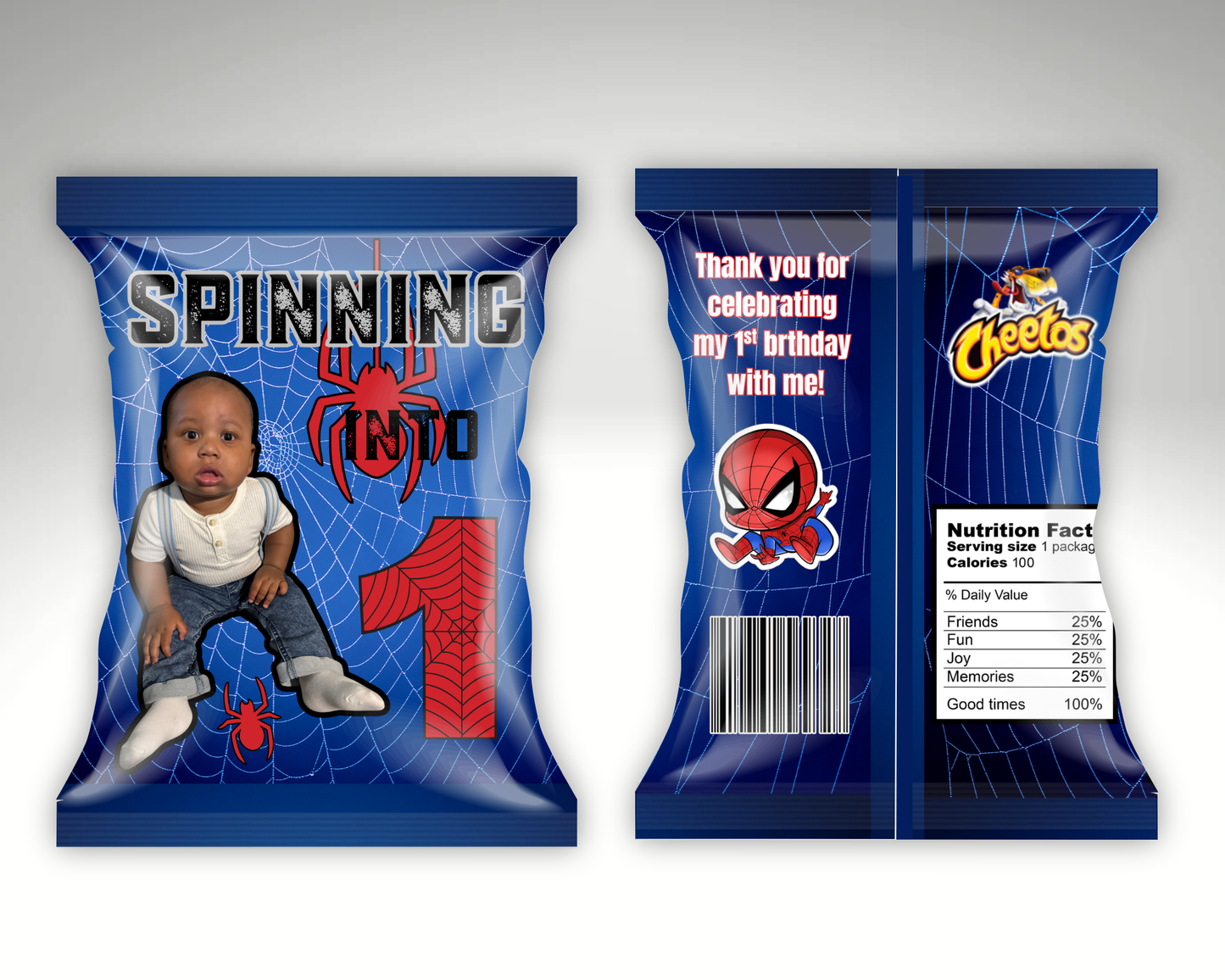 Editable “Spinning Into 1” Spider-Themed Birthday Chip Bag Template – Boy’s First Birthday Party Favor